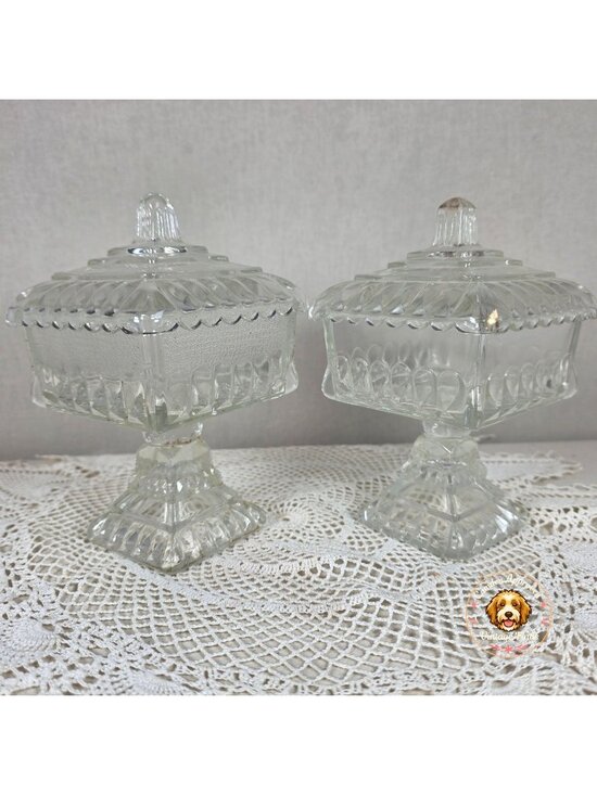 Jeannette Glass Other - Vintage Clear Glass Pedestal Candy Dish Set of 2 Lidded Compote Pressed Glass Tr